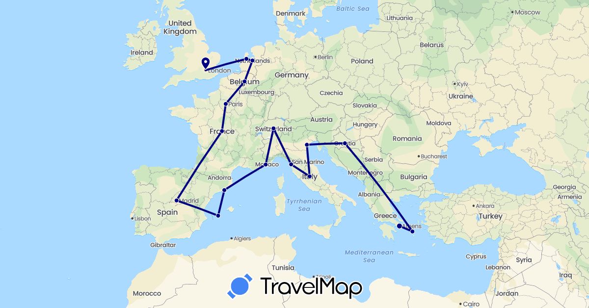 TravelMap itinerary: driving in Belgium, Switzerland, Spain, France, United Kingdom, Greece, Croatia, Italy, Netherlands (Europe)